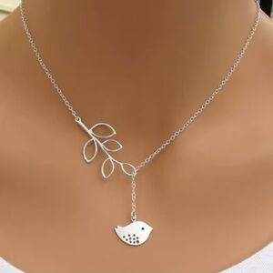 Dainty Silver Bird and Leaf Necklace